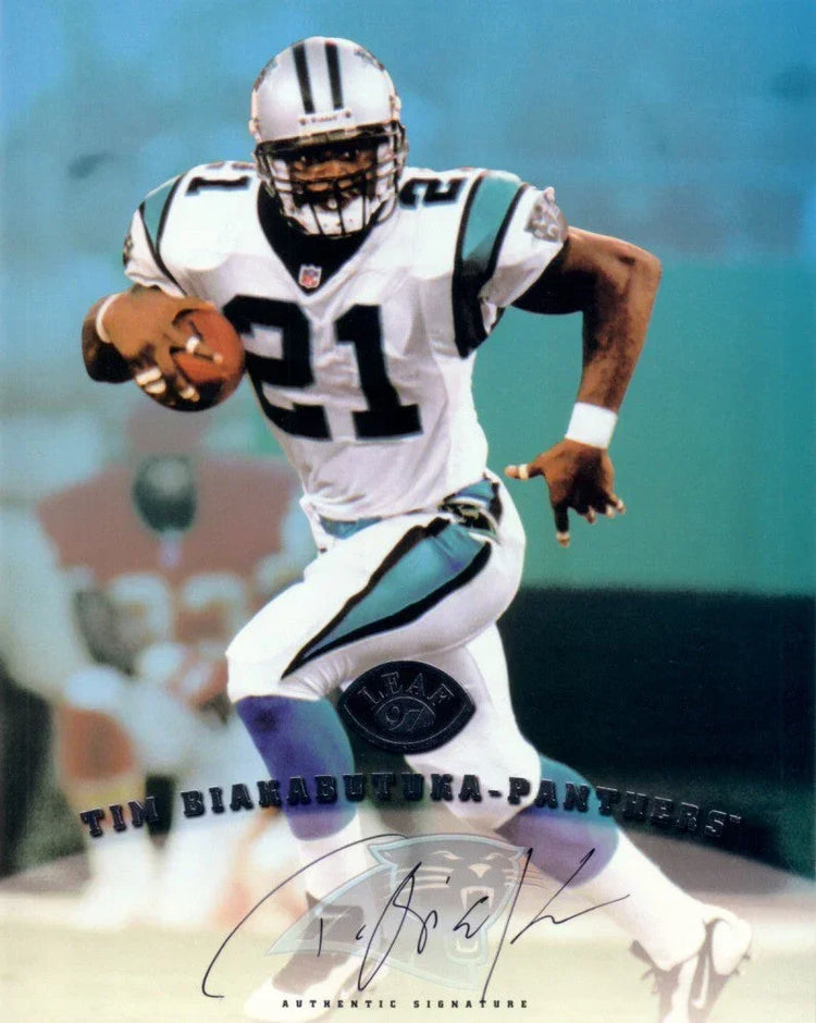 Tim Biakabutuka certified signed Carolina Panthers 1997 Leaf 8x10 card - AutographsForSale.com