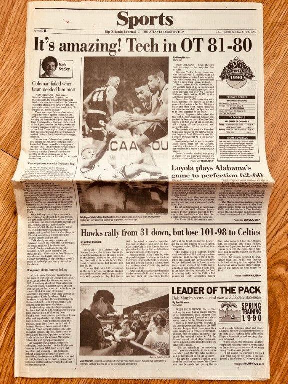 Georgia Tech Upsets Michigan St 1990 NCAA Tournament Sweet 16 Atlanta newspaper - AutographsForSale.com