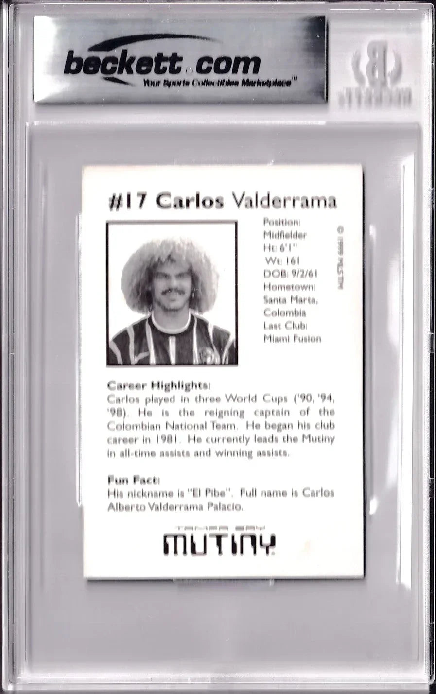 Carlos Valderrama autographed 1999 MLS Tampa Bay Mutiny Snickers card BAS - AutographsForSale.com