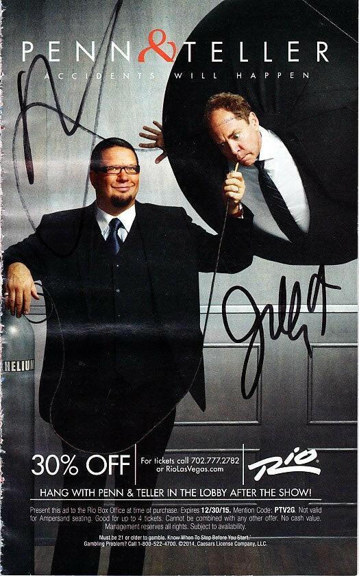 Penn and Teller autographed Accidents Will Happen mini magazine ad - AutographsForSale.com