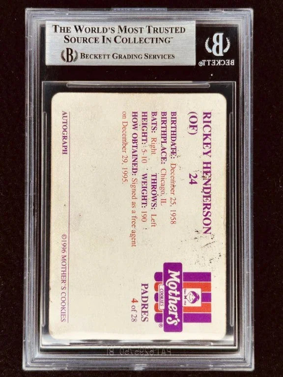 Rickey Henderson autographed San Diego Padres 1996 Mother’s Cookies card BAS - AutographsForSale.com