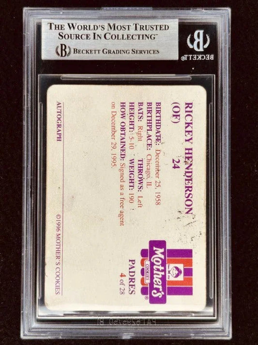 Rickey Henderson autographed San Diego Padres 1996 Mother’s Cookies card BAS - AutographsForSale.com