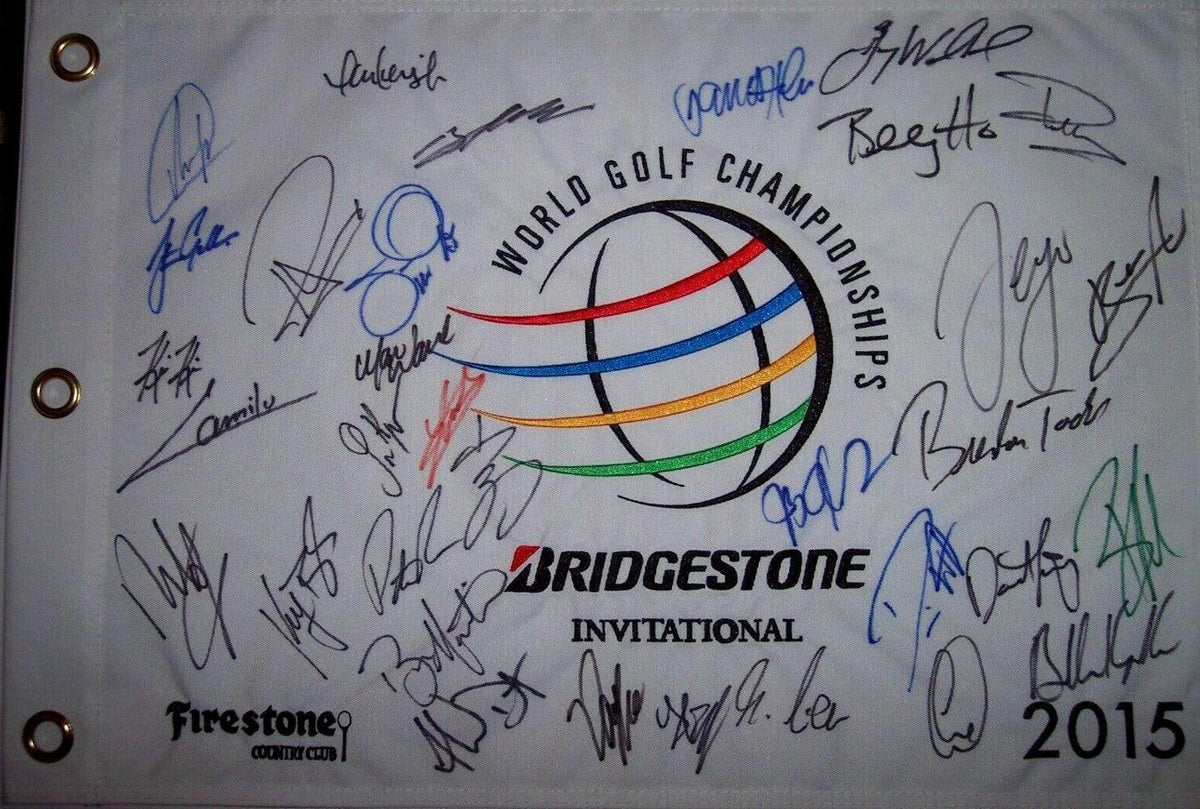 2015 World golf Championships Bridgestone autographed golf pin Flag Brooks Koepka Gary Woodland Keegan Bradley - AutographsForSale.com