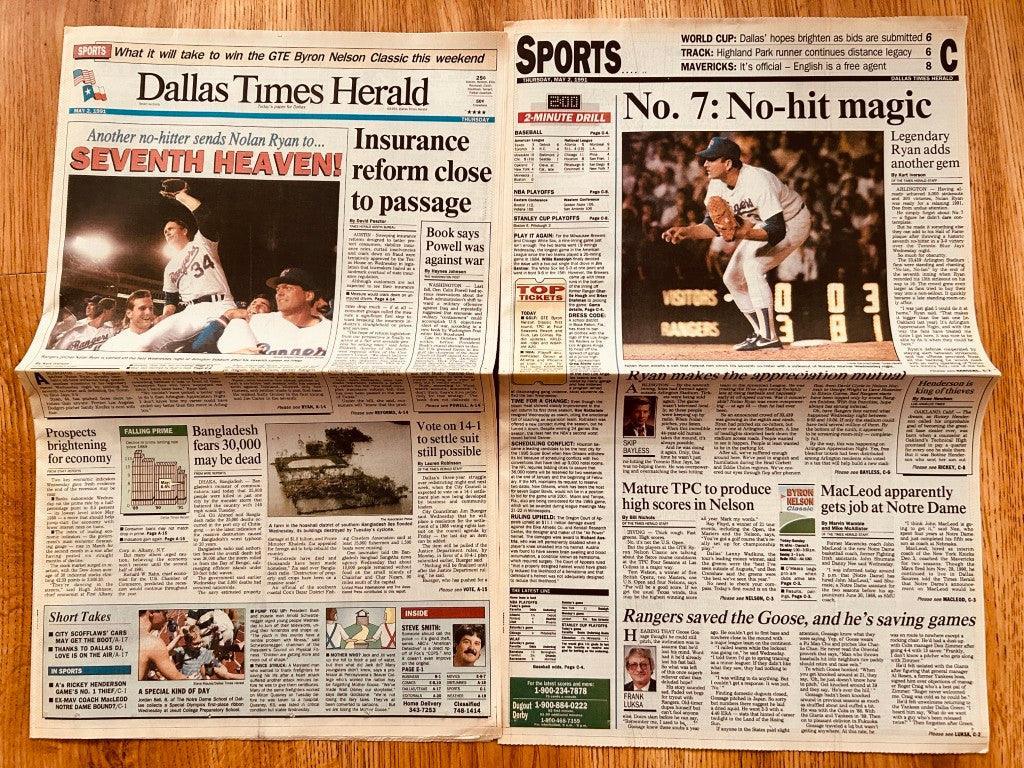Nolan Ryan Texas Rangers 7th No-Hitter May 2 1991 Dallas Times Herald newspaper - AutographsForSale.com