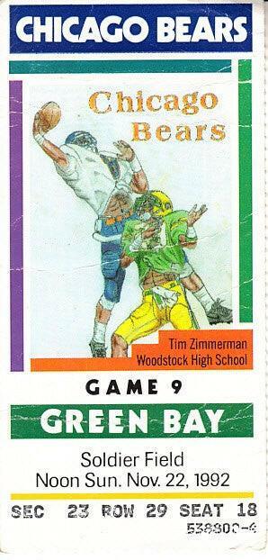 1992 Packers at Chicago Bears ticket stub Brett Favre 1st Rushing TD - AutographsForSale.com