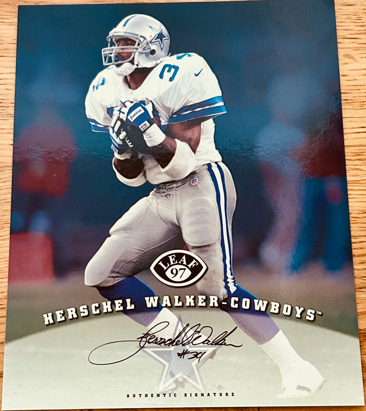 Herschel Walker certified signed Dallas Cowboys 1997 Leaf 8x10 card - AutographsForSale.com