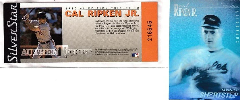 Cal Ripken Baltimore Orioles 1991 SilverStar AuthenTicket and hologram card - AutographsForSale.com