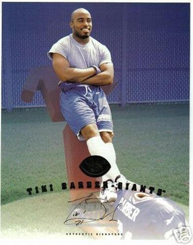 Tiki Barber certified autograph New York Giants 1997 Leaf 8x10 photo card - AutographsForSale.com