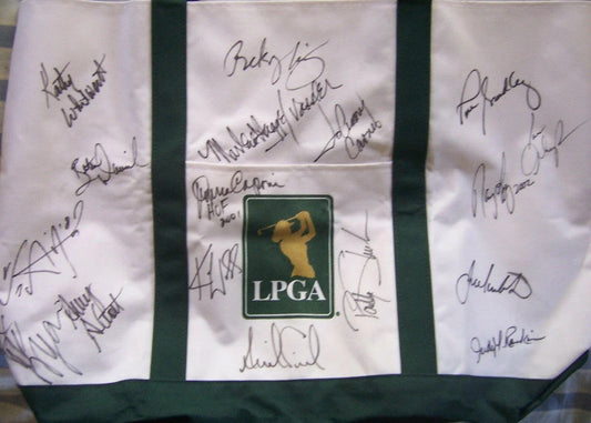 LPGA golf bag autographed by 17 greats Nancy Lopez Lorena Ochoa Annika Sorenstam - AutographsForSale.com
