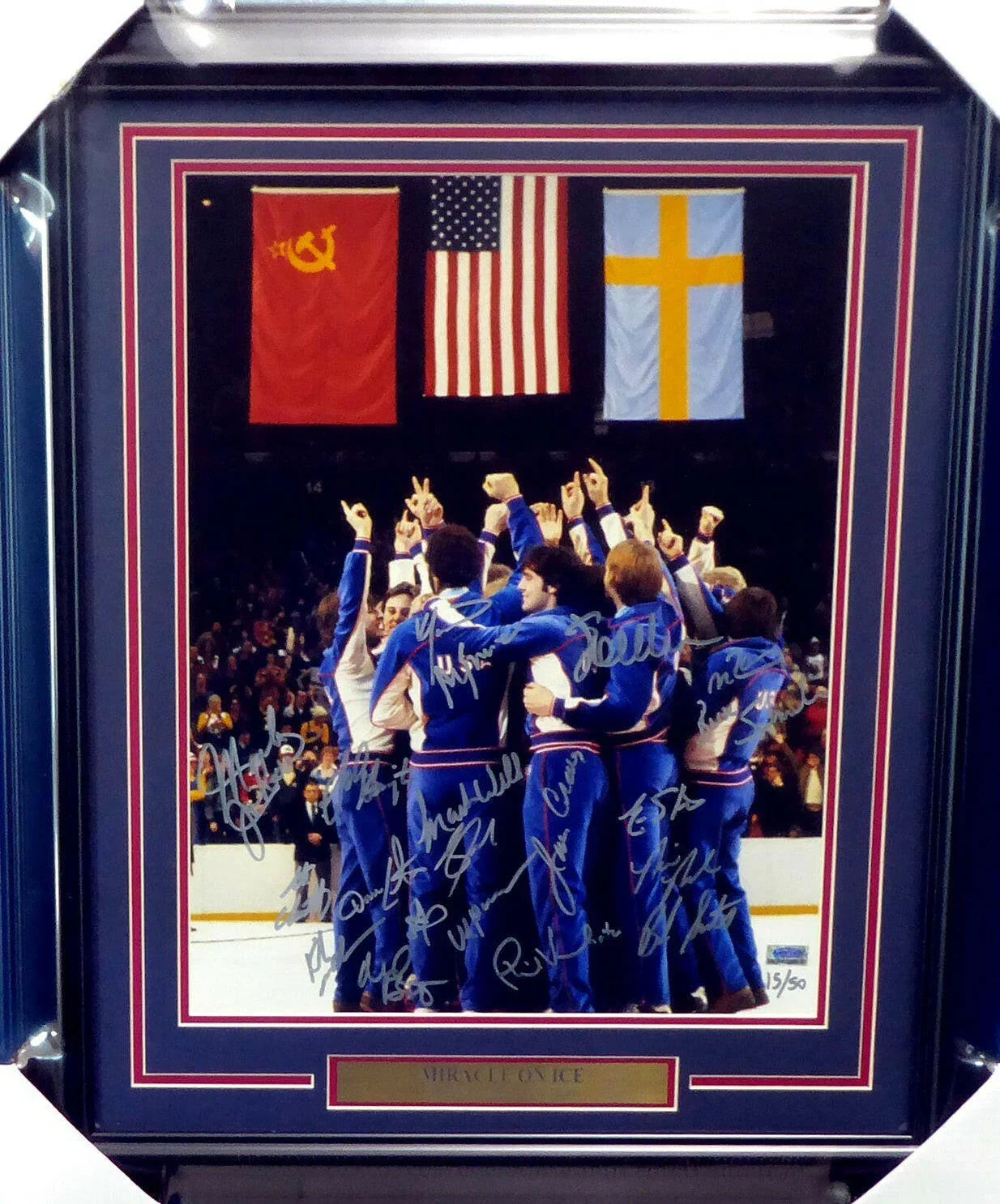 1980 Miracle on Ice USA Olympic Hockey Team autographed medal ceremony 16x20 photo framed - AutographsForSale.com