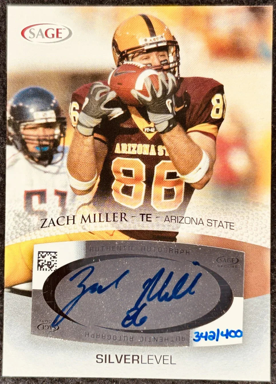 Zach Miller certified signed Arizona St Sun Devils 2007 SAGE card - AutographsForSale.com