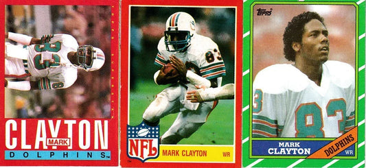 Mark Clayton Dolphins 1985 Topps Box Bottom & Glossy RCs & 1986 Topps - AutographsForSale.com