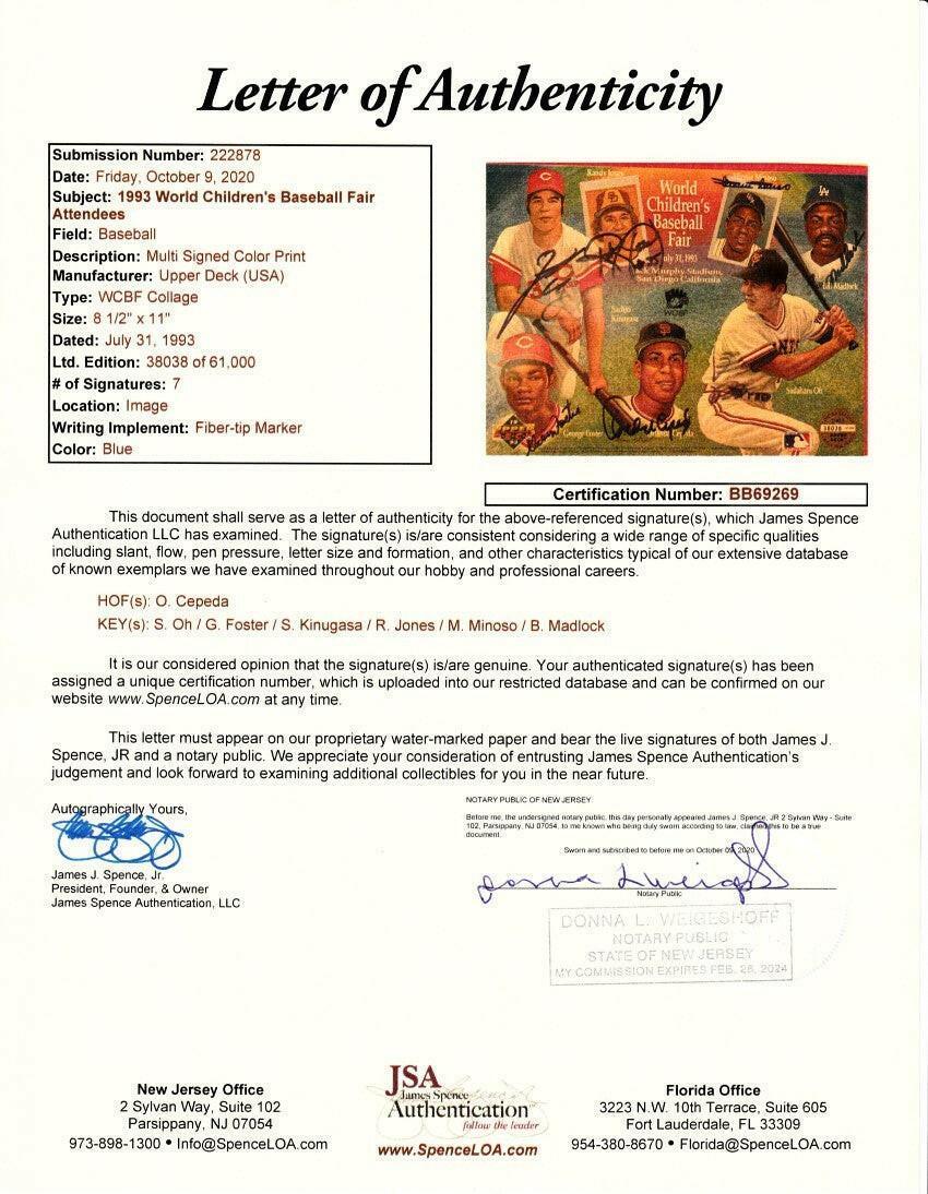 Sadaharu Oh Sachio Kinugasa Orlando Cepeda Minnie Minoso signed 1993 Upper Deck card sheet JSA - AutographsForSale.com