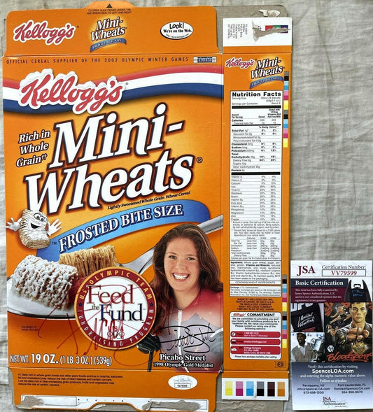 Picabo Street dual signed 1998 Olympics Kellogg’s Mini Wheats cereal box JSA - AutographsForSale.com