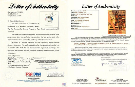 1999 US Ryder Cup team signed program cover scorecard framed JSA PSA/DNA Tiger Woods - AutographsForSale.com