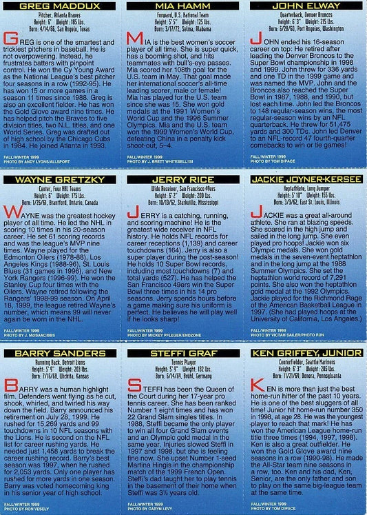 Autographed 1999 SI for Kids card sheet John Elway Steffi Graf Ken Griffey Jr Wayne Gretzky Mia Hamm Jerry Rice JSA - AutographsForSale.com