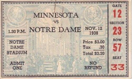 1938 Notre Dame vs Minnesota college football ticket stub (Elmer Layden coaches Irish to 300th Victory) - AutographsForSale.com