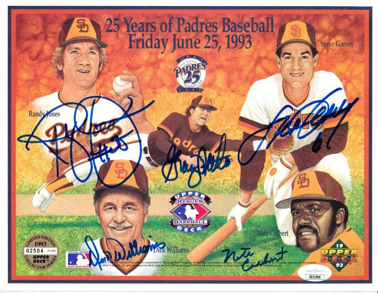 Nate Colbert Steve Garvey Randy Jones Graig Nettles Dick Williams signed Padres 1993 Upper Deck card sheet JSA - AutographsForSale.com
