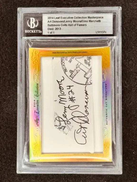 Art Donovan Gino Marchetti Lenny Moore 2014 Leaf Masterpiece Cut Signature card 1/1 Colts - AutographsForSale.com