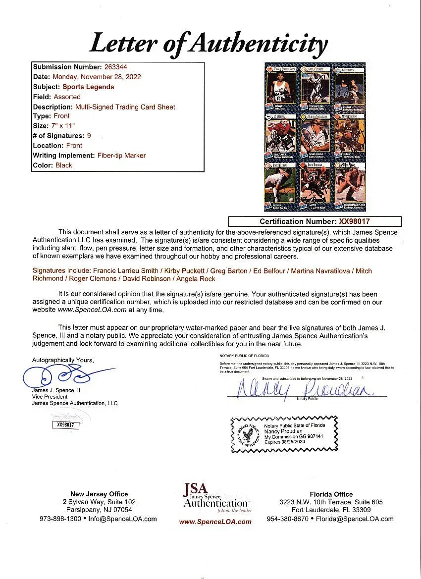Autographed 1992 SI for Kids card sheet Kirby Puckett David Robinson Roger Clemens Martina Navratilova JSA - AutographsForSale.com