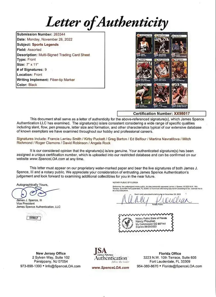 Autographed 1992 SI for Kids card sheet Kirby Puckett David Robinson Roger Clemens Martina Navratilova JSA - AutographsForSale.com