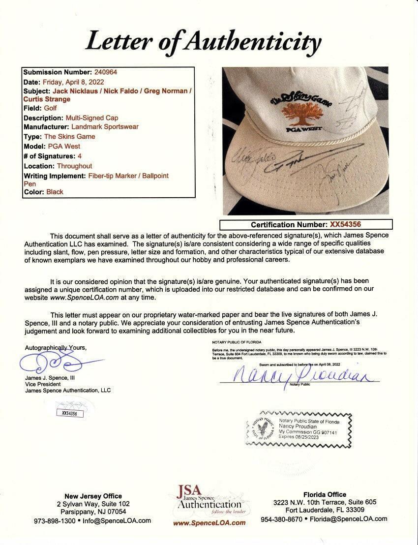 Jack Nicklaus Nick Faldo Greg Norman Curtis Strange signed 1990 Skins Game golf cap JSA - AutographsForSale.com