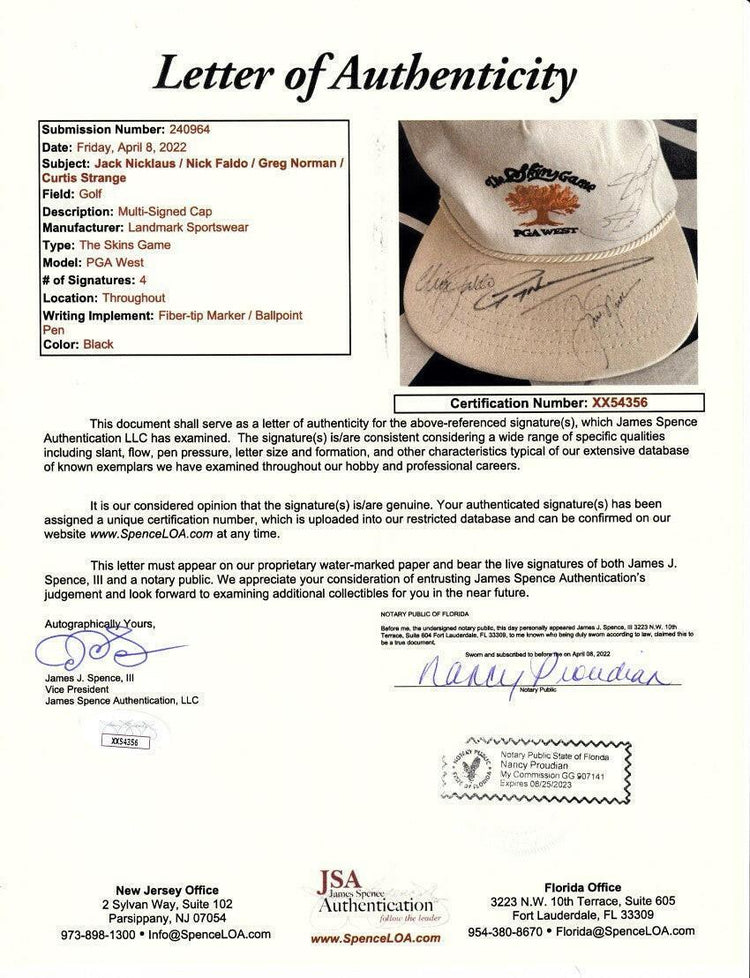 Jack Nicklaus Nick Faldo Greg Norman Curtis Strange signed 1990 Skins Game golf cap JSA - AutographsForSale.com
