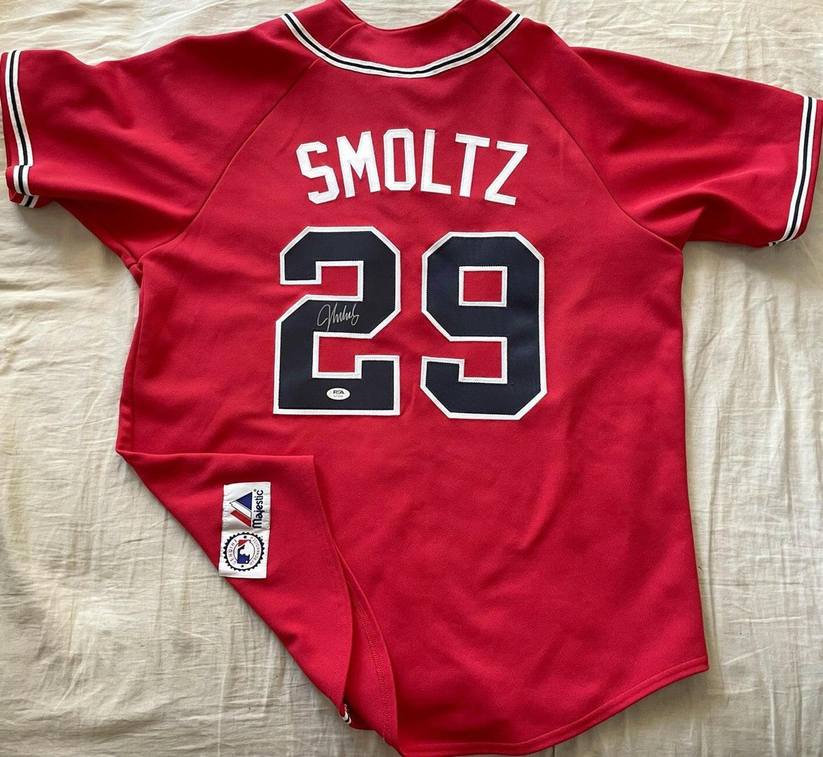John Smoltz signed Braves Majestic red jersey PSA/DNA - AutographsForSale.com