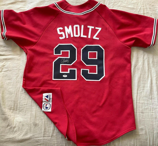 John Smoltz signed Braves Majestic red jersey PSA/DNA - AutographsForSale.com