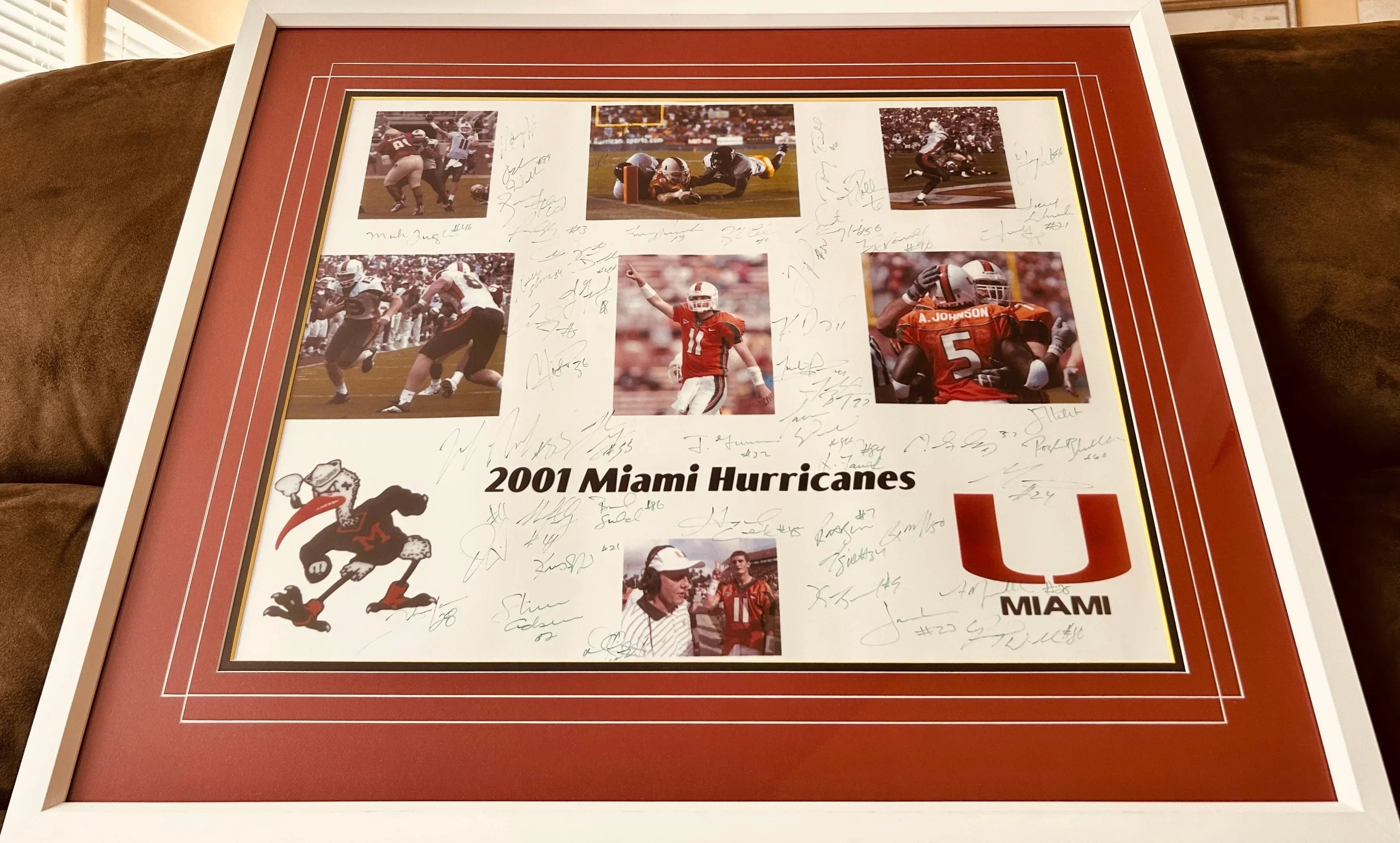 2001 Miami Hurricanes National Champs team signed 16x20 photo framed Ken Dorsey Frank Gore Andre Johnson Clinton Portis JSA - AutographsForSale.com