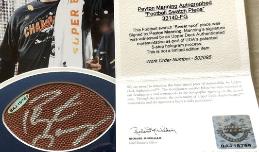 Peyton Manning signed UDA football swatch framed Denver Broncos Super Bowl 50 8x10 photo - AutographsForSale.com
