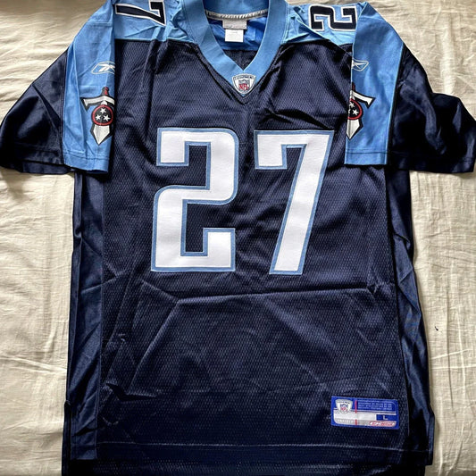Eddie George autographed Tennessee Titans Reebok navy jersey BAS - AutographsForSale.com