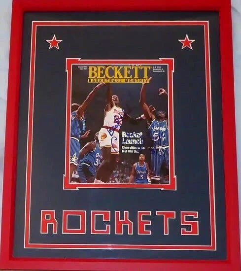 Clyde Drexler autographed Houston Rockets 1995 Beckett Basketball cover custom framed JSA - AutographsForSale.com
