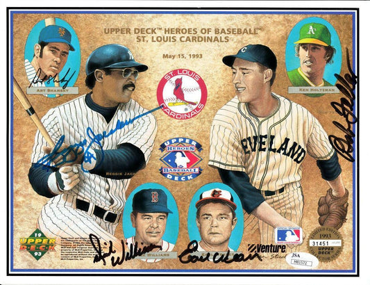 Bob Feller Reggie Jackson Earl Weaver Dick Williams signed 1993 Upper Deck card sheet JSA - AutographsForSale.com