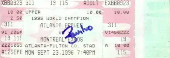 Ryan Klesko signed Braves 1996 Fulton County Stadium last game ticket - AutographsForSale.com