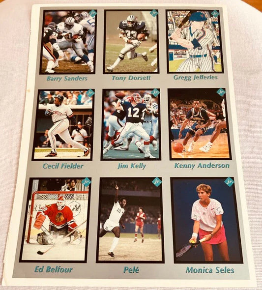 Pele Barry Sanders Tony Dorsett Jim Kelly Monica Seles 1991 Tuff Stuff Jr 9 card sheet - AutographsForSale.com