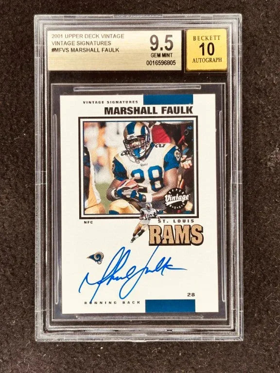 Marshall Faulk certified signed St Louis Rams 2001 Upper Deck vintage Signatures card BGS 9.5 BAS 10 - AutographsForSale.com