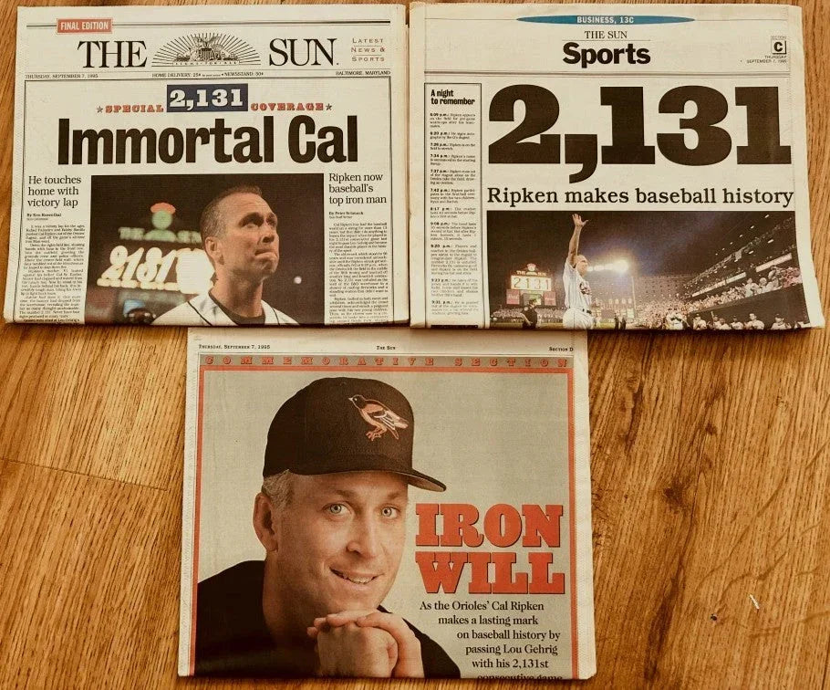 Cal Ripken Orioles 2131 Consecutive Games 1995 Baltimore Sun newspaper - AutographsForSale.com