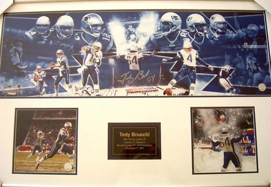 Tedy Bruschi signed 2003 Patriots Snow Game Win photo montage framed - AutographsForSale.com