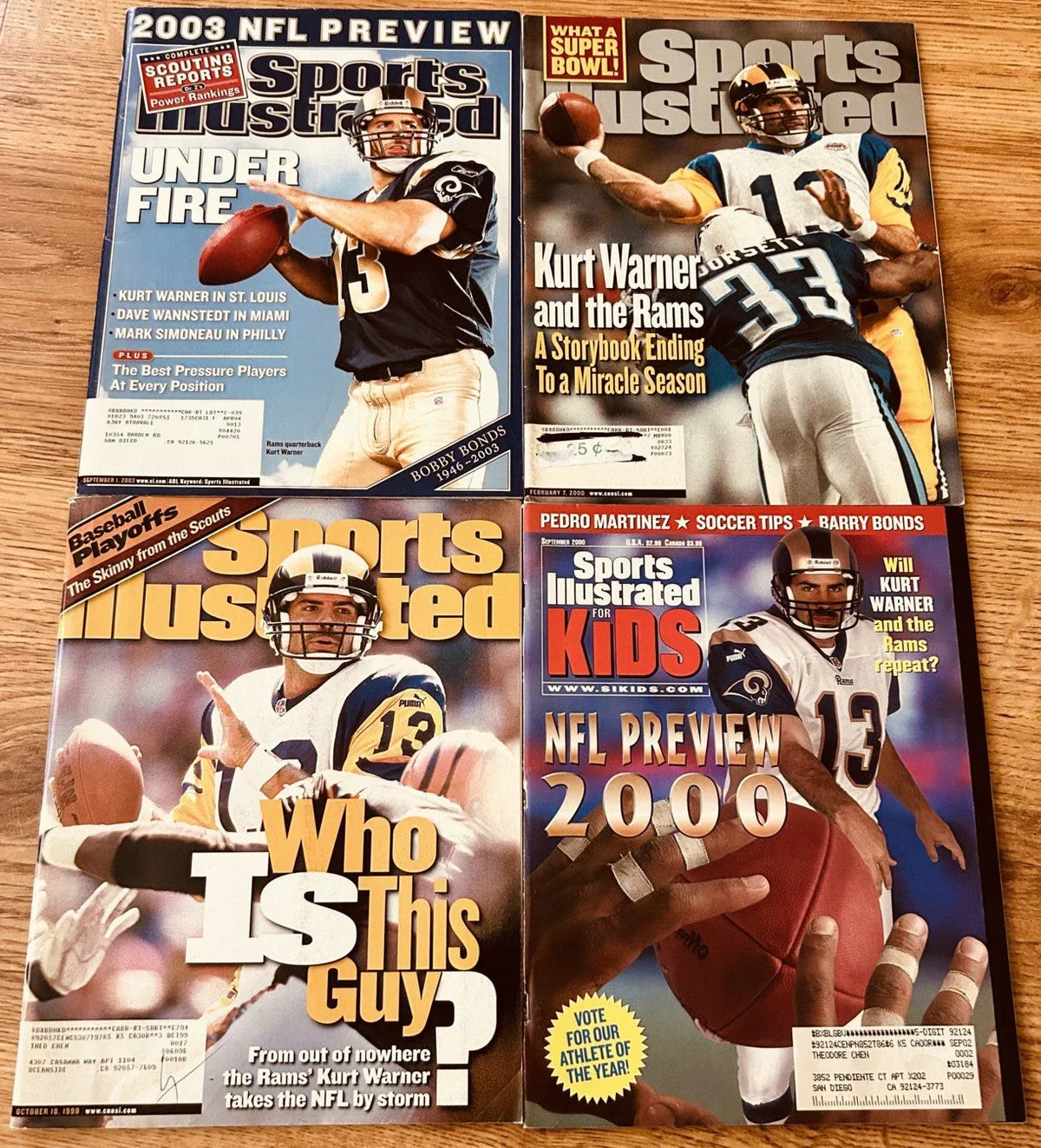 4 Kurt Warner St. Louis Rams 1999 2000 2003 Sports Illustrated and SI for Kids magazines - AutographsForSale.com