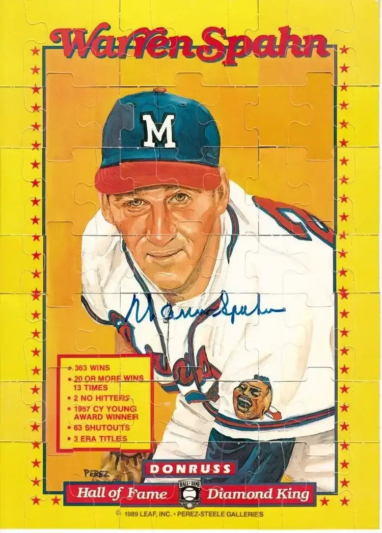 Warren Spahn autographed Milwaukee Braves 1989 Donruss 8x11 puzzle card set - AutographsForSale.com