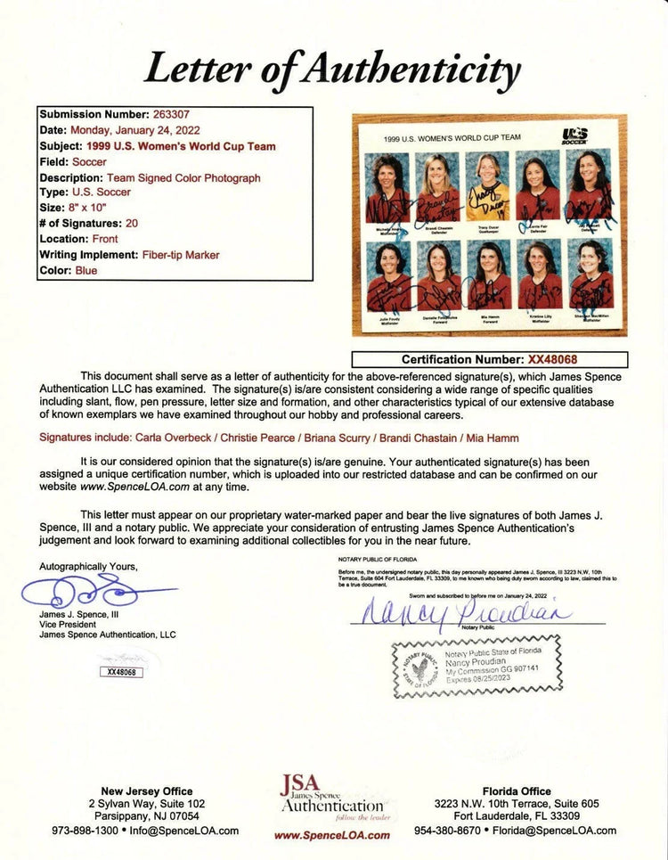1999 US Women’s World Cup Soccer team signed 8x10 photos Tony DiCicco Mia Hamm Briana Scurry JSA USWNT - AutographsForSale.com