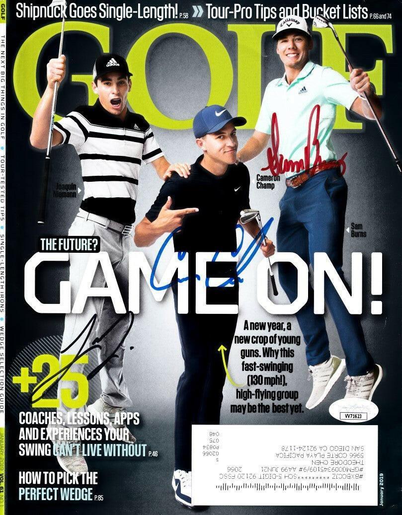 Sam Burns Cameron Champ Joaquin Niemann signed 2019 golf cover JSA - AutographsForSale.com