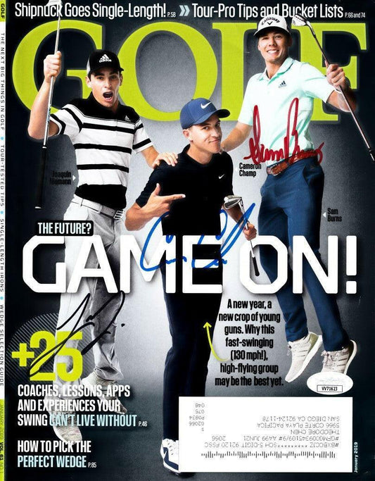 Sam Burns Cameron Champ Joaquin Niemann signed 2019 golf cover JSA - AutographsForSale.com
