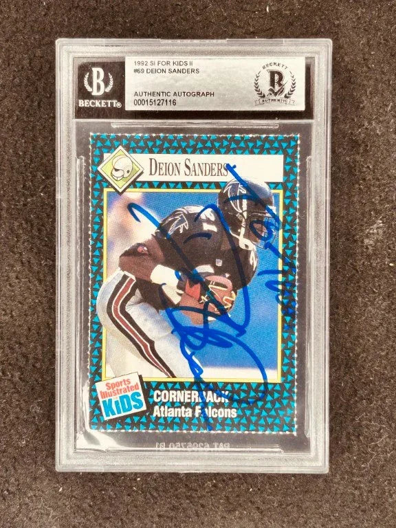 Deion Sanders autographed Atlanta Falcons 1992 Sports Illustrated for Kids card BAS slabbed To Theo - AutographsForSale.com