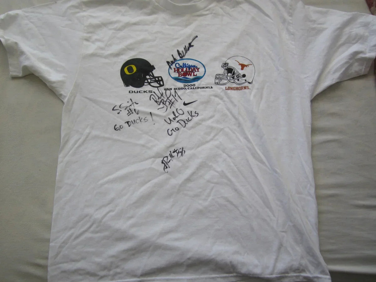 2000 Oregon Ducks signed Holiday Bowl Nike T Shirt Mike Bellotti Justin Peelle - AutographsForSale.com