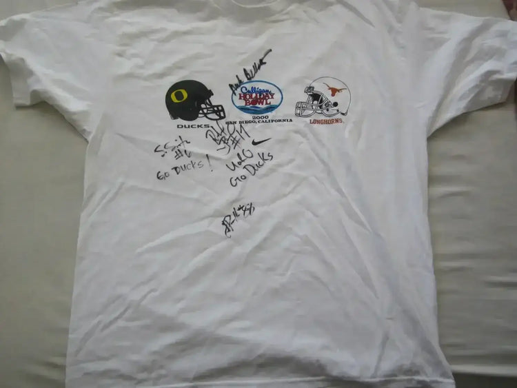 2000 Oregon Ducks signed Holiday Bowl Nike T Shirt Mike Bellotti Justin Peelle - AutographsForSale.com