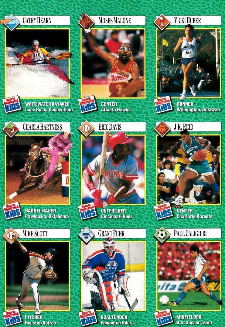 Paul Caligiuri Eric Davis Grant Fuhr Moses Malone 1990 SI for Kids card sheet - AutographsForSale.com