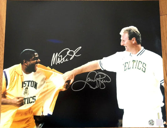 Larry Bird & Magic Johnson signed Retirement 16x20 poster or photo Schwartz - AutographsForSale.com