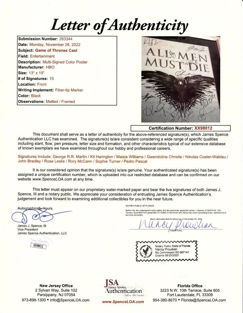 Game of Thrones cast signed 2014 SDCC poster framed Kit Harington George R.R. Martin Pedro Pascal JSA - AutographsForSale.com